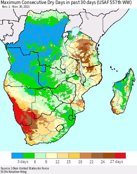 Southern Africa Maximum Consecutive Dry Days in past 30 days (USAF 557th WW) 11/30/2021 Thematic Map For 11/26/2021 - 11/30/2021