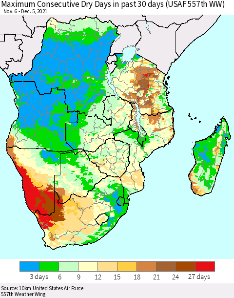Southern Africa Maximum Consecutive Dry Days in past 30 days (USAF 557th WW) 12/05/2021 Thematic Map For 12/1/2021 - 12/5/2021