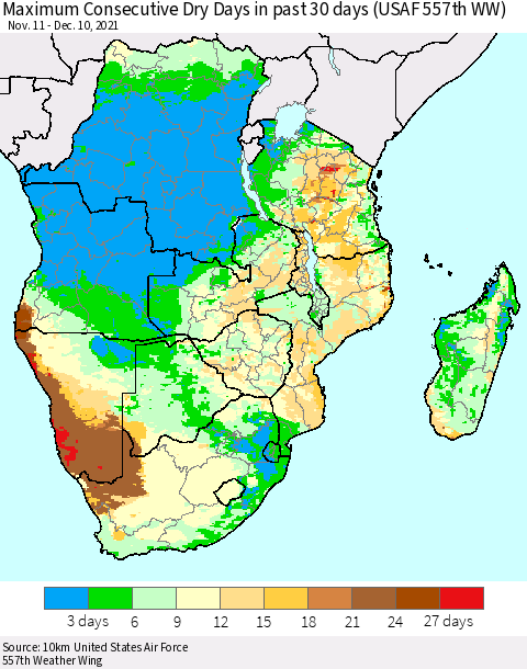 Southern Africa Maximum Consecutive Dry Days in past 30 days (USAF 557th WW) 12/10/2021 Thematic Map For 12/6/2021 - 12/10/2021