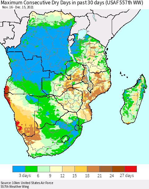 Southern Africa Maximum Consecutive Dry Days in past 30 days (USAF 557th WW) 12/15/2021 Thematic Map For 12/11/2021 - 12/15/2021