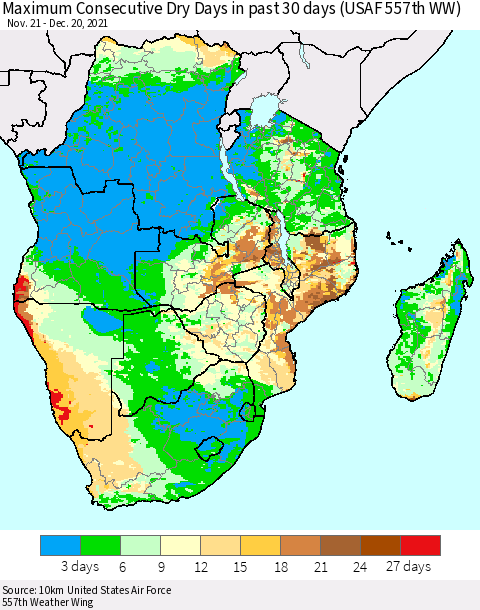 Southern Africa Maximum Consecutive Dry Days in past 30 days (USAF 557th WW) 12/20/2021 Thematic Map For 12/16/2021 - 12/20/2021