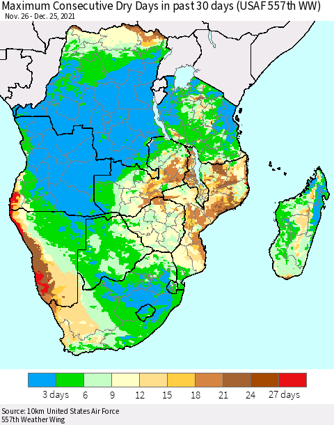 Southern Africa Maximum Consecutive Dry Days in past 30 days (USAF 557th WW) 12/25/2021 Thematic Map For 12/21/2021 - 12/25/2021