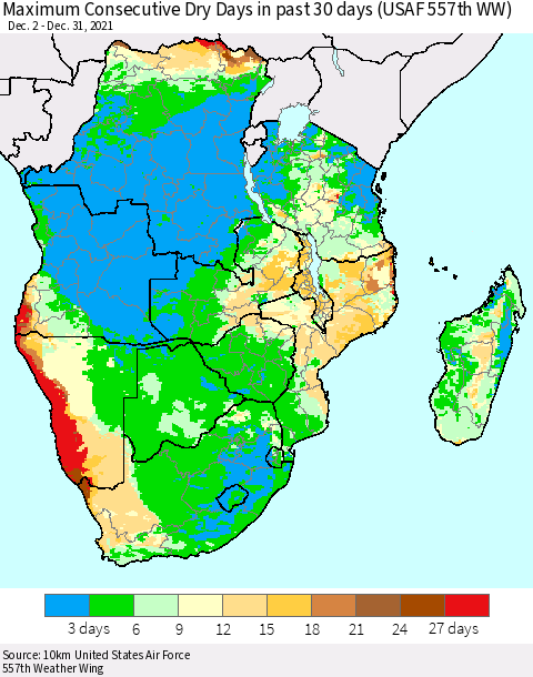 Southern Africa Maximum Consecutive Dry Days in past 30 days (USAF 557th WW) 12/31/2021 Thematic Map For 12/26/2021 - 12/31/2021