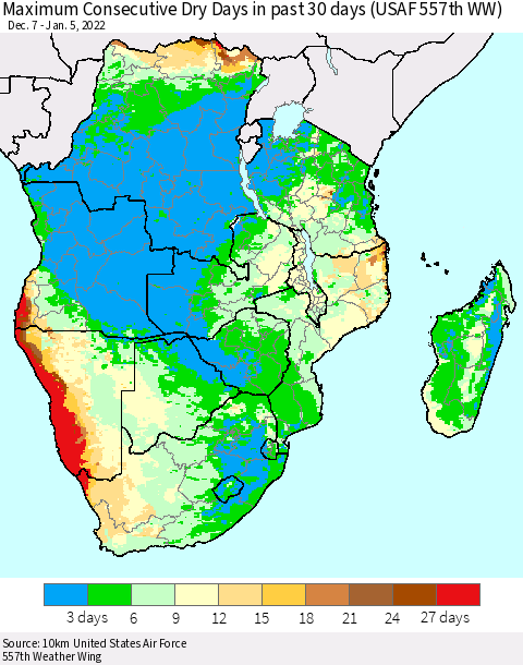 Southern Africa Maximum Consecutive Dry Days in past 30 days (USAF 557th WW) 01/05/2022 Thematic Map For 1/1/2022 - 1/5/2022
