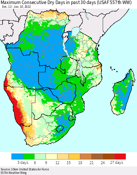 Southern Africa Maximum Consecutive Dry Days in past 30 days (USAF 557th WW) 01/10/2022 Thematic Map For 1/6/2022 - 1/10/2022