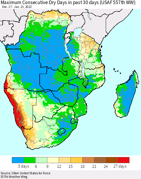 Southern Africa Maximum Consecutive Dry Days in past 30 days (USAF 557th WW) 01/15/2022 Thematic Map For 1/11/2022 - 1/15/2022
