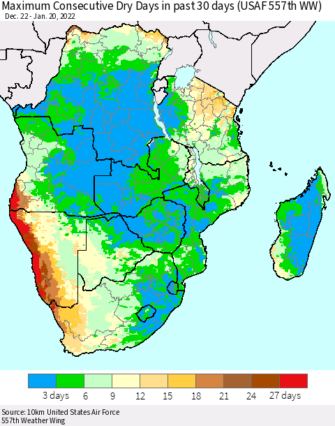 Southern Africa Maximum Consecutive Dry Days in past 30 days (USAF 557th WW) 01/20/2022 Thematic Map For 1/16/2022 - 1/20/2022