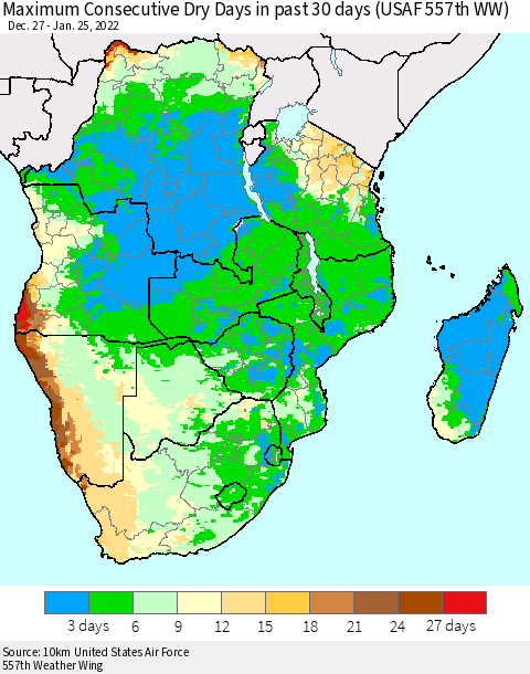 Southern Africa Maximum Consecutive Dry Days in past 30 days (USAF 557th WW) 01/25/2022 Thematic Map For 1/21/2022 - 1/25/2022