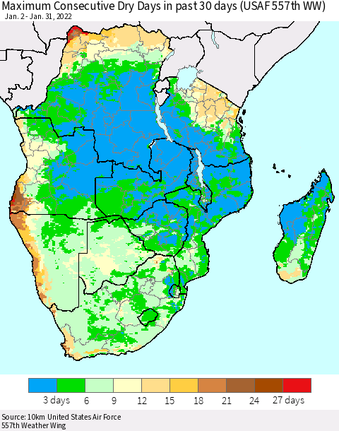 Southern Africa Maximum Consecutive Dry Days in past 30 days (USAF 557th WW) 01/31/2022 Thematic Map For 1/26/2022 - 1/31/2022
