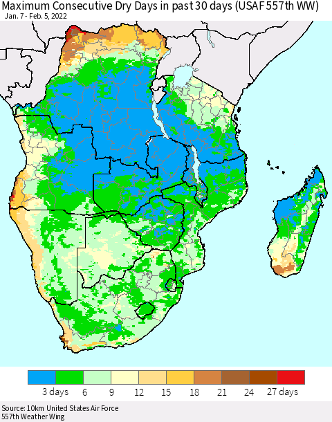 Southern Africa Maximum Consecutive Dry Days in past 30 days (USAF 557th WW) 02/05/2022 Thematic Map For 2/1/2022 - 2/5/2022