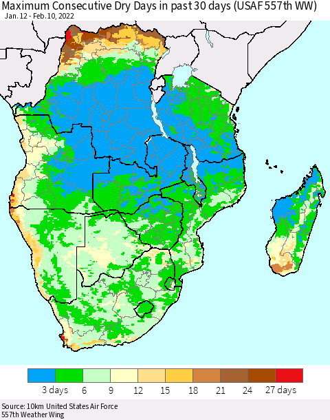 Southern Africa Maximum Consecutive Dry Days in past 30 days (USAF 557th WW) 02/10/2022 Thematic Map For 2/6/2022 - 2/10/2022