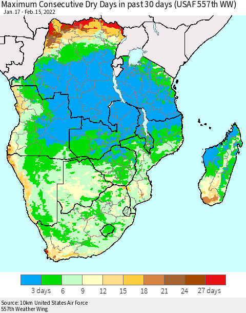 Southern Africa Maximum Consecutive Dry Days in past 30 days (USAF 557th WW) 02/15/2022 Thematic Map For 2/11/2022 - 2/15/2022