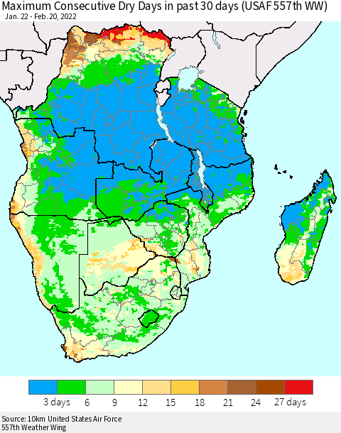 Southern Africa Maximum Consecutive Dry Days in past 30 days (USAF 557th WW) 02/20/2022 Thematic Map For 2/16/2022 - 2/20/2022