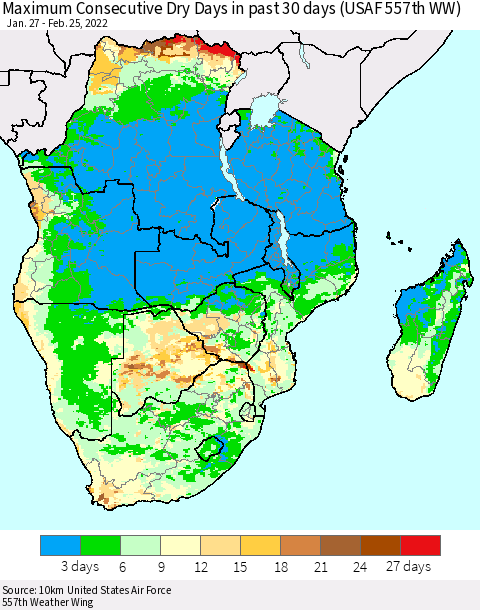 Southern Africa Maximum Consecutive Dry Days in past 30 days (USAF 557th WW) 02/25/2022 Thematic Map For 2/21/2022 - 2/25/2022