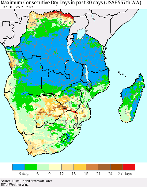 Southern Africa Maximum Consecutive Dry Days in past 30 days (USAF 557th WW) 02/28/2022 Thematic Map For 2/26/2022 - 2/28/2022