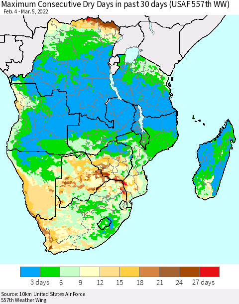 Southern Africa Maximum Consecutive Dry Days in past 30 days (USAF 557th WW) 03/05/2022 Thematic Map For 3/1/2022 - 3/5/2022