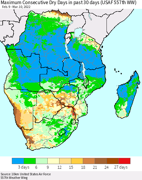 Southern Africa Maximum Consecutive Dry Days in past 30 days (USAF 557th WW) 03/10/2022 Thematic Map For 3/6/2022 - 3/10/2022