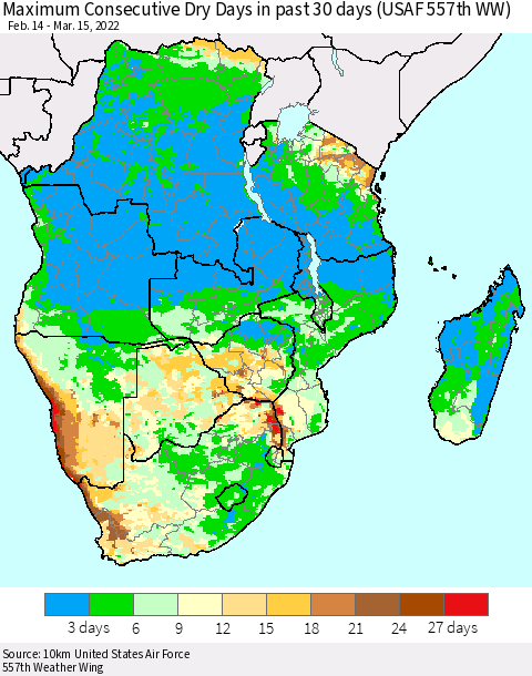 Southern Africa Maximum Consecutive Dry Days in past 30 days (USAF 557th WW) 03/15/2022 Thematic Map For 3/11/2022 - 3/15/2022