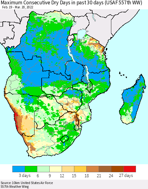Southern Africa Maximum Consecutive Dry Days in past 30 days (USAF 557th WW) 03/20/2022 Thematic Map For 3/16/2022 - 3/20/2022