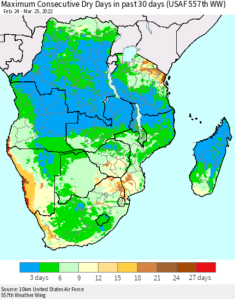 Southern Africa Maximum Consecutive Dry Days in past 30 days (USAF 557th WW) 03/25/2022 Thematic Map For 3/21/2022 - 3/25/2022