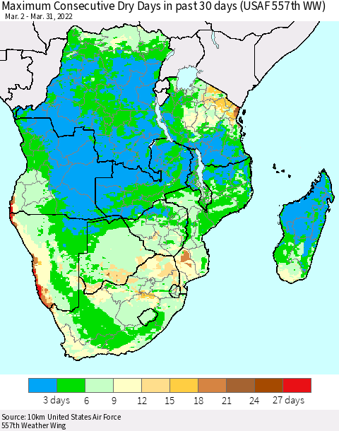 Southern Africa Maximum Consecutive Dry Days in past 30 days (USAF 557th WW) 03/31/2022 Thematic Map For 3/26/2022 - 3/31/2022