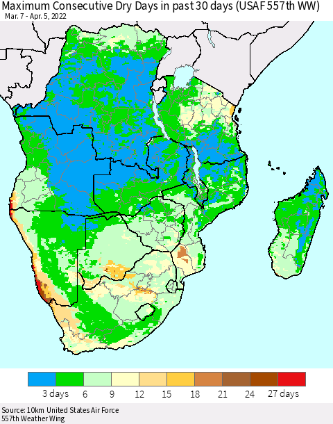 Southern Africa Maximum Consecutive Dry Days in past 30 days (USAF 557th WW) 04/05/2022 Thematic Map For 4/1/2022 - 4/5/2022