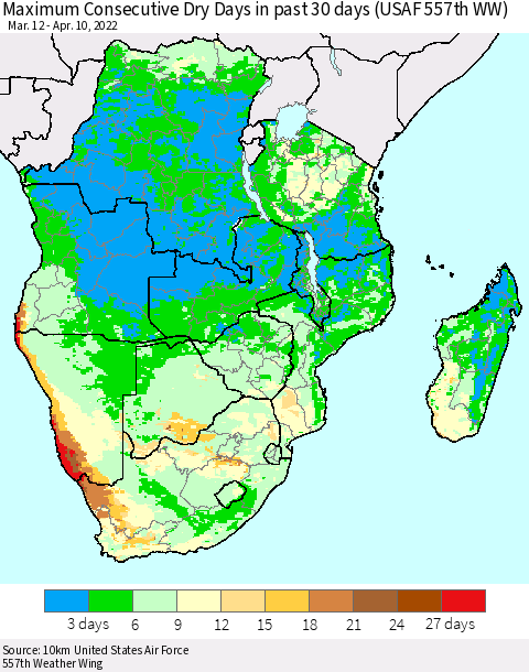 Southern Africa Maximum Consecutive Dry Days in past 30 days (USAF 557th WW) 04/10/2022 Thematic Map For 4/6/2022 - 4/10/2022