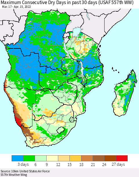 Southern Africa Maximum Consecutive Dry Days in past 30 days (USAF 557th WW) 04/15/2022 Thematic Map For 4/11/2022 - 4/15/2022