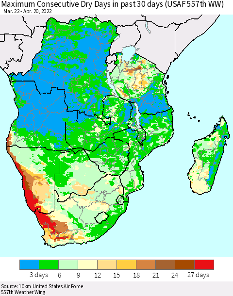 Southern Africa Maximum Consecutive Dry Days in past 30 days (USAF 557th WW) 04/20/2022 Thematic Map For 4/16/2022 - 4/20/2022