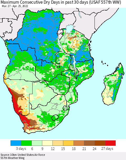 Southern Africa Maximum Consecutive Dry Days in past 30 days (USAF 557th WW) 04/25/2022 Thematic Map For 4/21/2022 - 4/25/2022