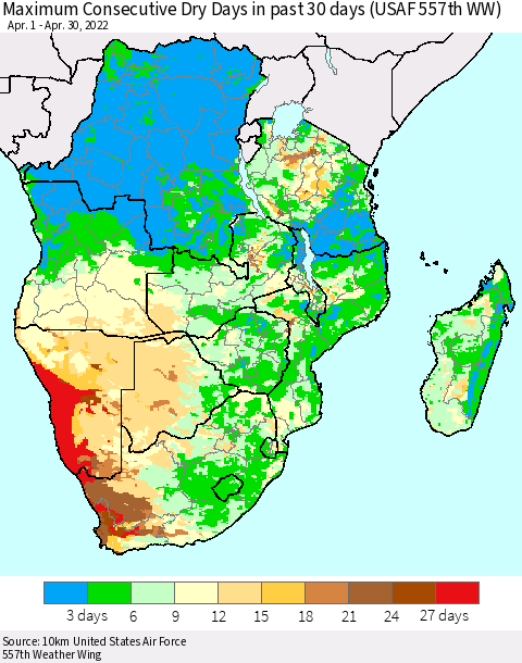 Southern Africa Maximum Consecutive Dry Days in past 30 days (USAF 557th WW) 04/30/2022 Thematic Map For 4/26/2022 - 4/30/2022