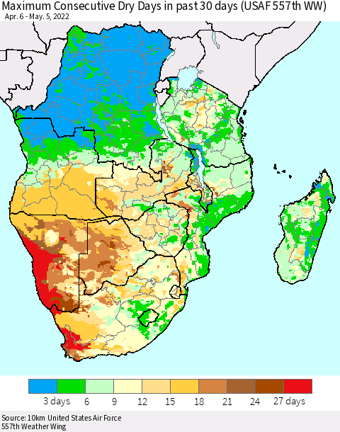 Southern Africa Maximum Consecutive Dry Days in past 30 days (USAF 557th WW) 05/05/2022 Thematic Map For 5/1/2022 - 5/5/2022