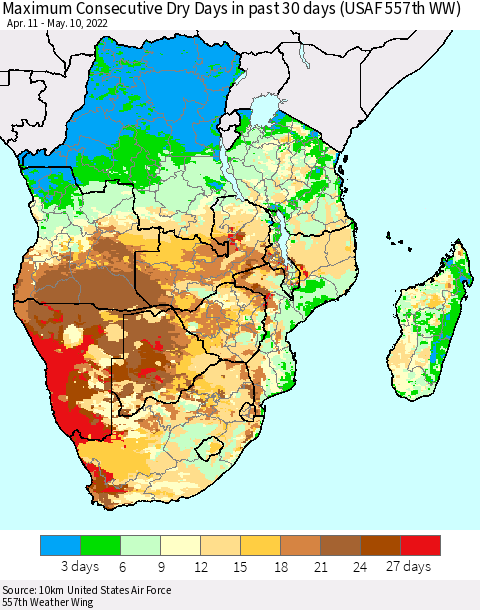 Southern Africa Maximum Consecutive Dry Days in past 30 days (USAF 557th WW) 05/10/2022 Thematic Map For 5/6/2022 - 5/10/2022