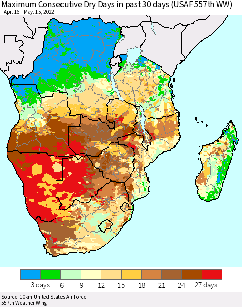 Southern Africa Maximum Consecutive Dry Days in past 30 days (USAF 557th WW) 05/15/2022 Thematic Map For 5/11/2022 - 5/15/2022