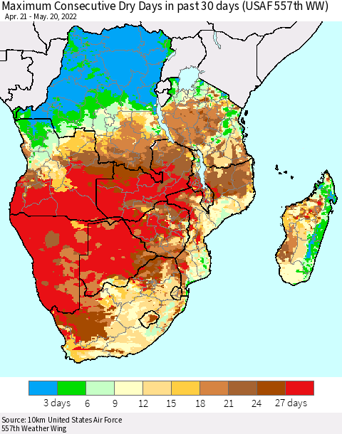 Southern Africa Maximum Consecutive Dry Days in past 30 days (USAF 557th WW) 05/20/2022 Thematic Map For 5/16/2022 - 5/20/2022