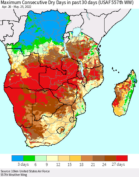 Southern Africa Maximum Consecutive Dry Days in past 30 days (USAF 557th WW) 05/25/2022 Thematic Map For 5/21/2022 - 5/25/2022