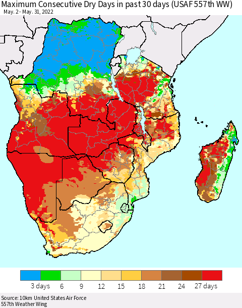 Southern Africa Maximum Consecutive Dry Days in past 30 days (USAF 557th WW) 05/31/2022 Thematic Map For 5/26/2022 - 5/31/2022