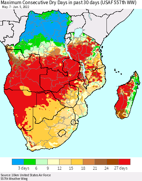 Southern Africa Maximum Consecutive Dry Days in past 30 days (USAF 557th WW) 06/05/2022 Thematic Map For 6/1/2022 - 6/5/2022
