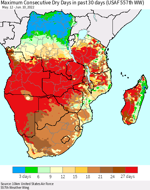 Southern Africa Maximum Consecutive Dry Days in past 30 days (USAF 557th WW) 06/10/2022 Thematic Map For 6/6/2022 - 6/10/2022