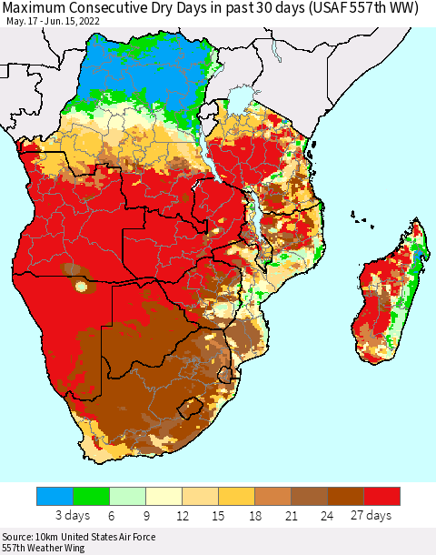 Southern Africa Maximum Consecutive Dry Days in past 30 days (USAF 557th WW) 06/15/2022 Thematic Map For 6/11/2022 - 6/15/2022