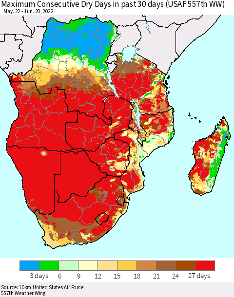 Southern Africa Maximum Consecutive Dry Days in past 30 days (USAF 557th WW) 06/20/2022 Thematic Map For 6/16/2022 - 6/20/2022