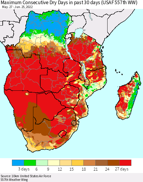 Southern Africa Maximum Consecutive Dry Days in past 30 days (USAF 557th WW) 06/25/2022 Thematic Map For 6/21/2022 - 6/25/2022