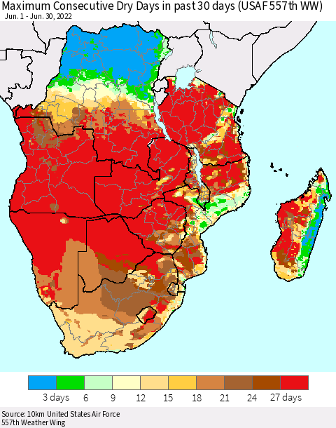 Southern Africa Maximum Consecutive Dry Days in past 30 days (USAF 557th WW) 06/30/2022 Thematic Map For 6/26/2022 - 6/30/2022