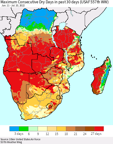 Southern Africa Maximum Consecutive Dry Days in past 30 days (USAF 557th WW) 07/10/2022 Thematic Map For 7/6/2022 - 7/10/2022