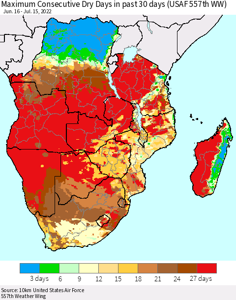 Southern Africa Maximum Consecutive Dry Days in past 30 days (USAF 557th WW) 07/15/2022 Thematic Map For 7/11/2022 - 7/15/2022