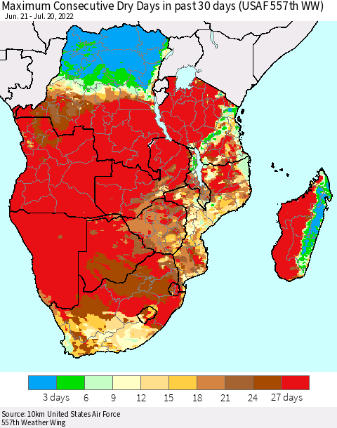 Southern Africa Maximum Consecutive Dry Days in past 30 days (USAF 557th WW) 07/20/2022 Thematic Map For 7/16/2022 - 7/20/2022