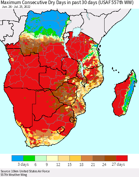 Southern Africa Maximum Consecutive Dry Days in past 30 days (USAF 557th WW) 07/25/2022 Thematic Map For 7/21/2022 - 7/25/2022