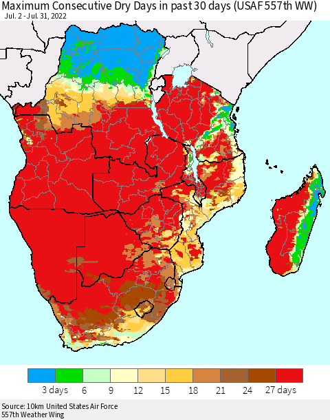 Southern Africa Maximum Consecutive Dry Days in past 30 days (USAF 557th WW) 07/31/2022 Thematic Map For 7/26/2022 - 7/31/2022