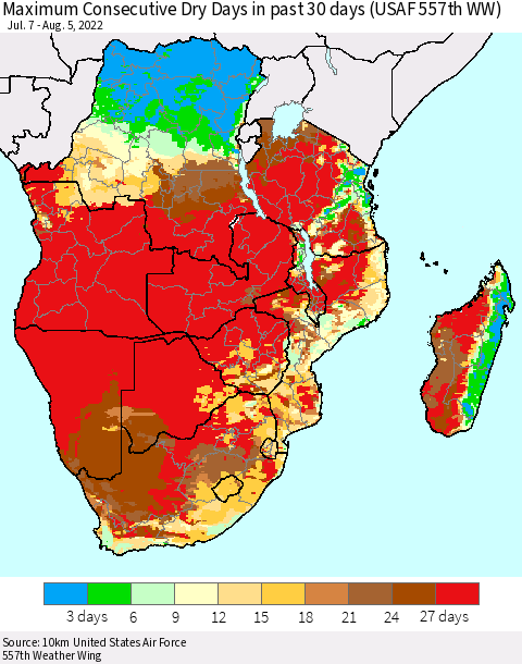 Southern Africa Maximum Consecutive Dry Days in past 30 days (USAF 557th WW) 08/05/2022 Thematic Map For 8/1/2022 - 8/5/2022