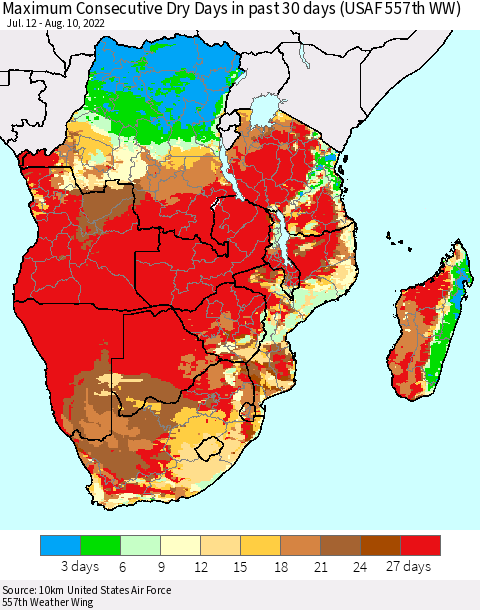 Southern Africa Maximum Consecutive Dry Days in past 30 days (USAF 557th WW) 08/10/2022 Thematic Map For 8/6/2022 - 8/10/2022
